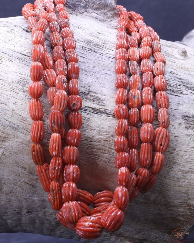Aka Coral Oval Carved Beads